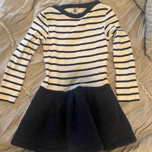 Petit Bateau Kids Long Sleeve Dress,navy blue&white striped w/quilted bottom, 5T